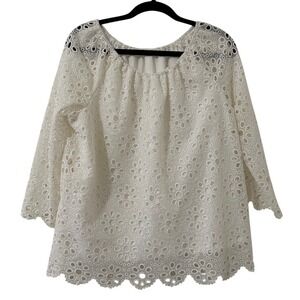 White Eyelet Lace Blouse 3/4 Sleeve Floral Scoop Neck Top Cottagecore Church